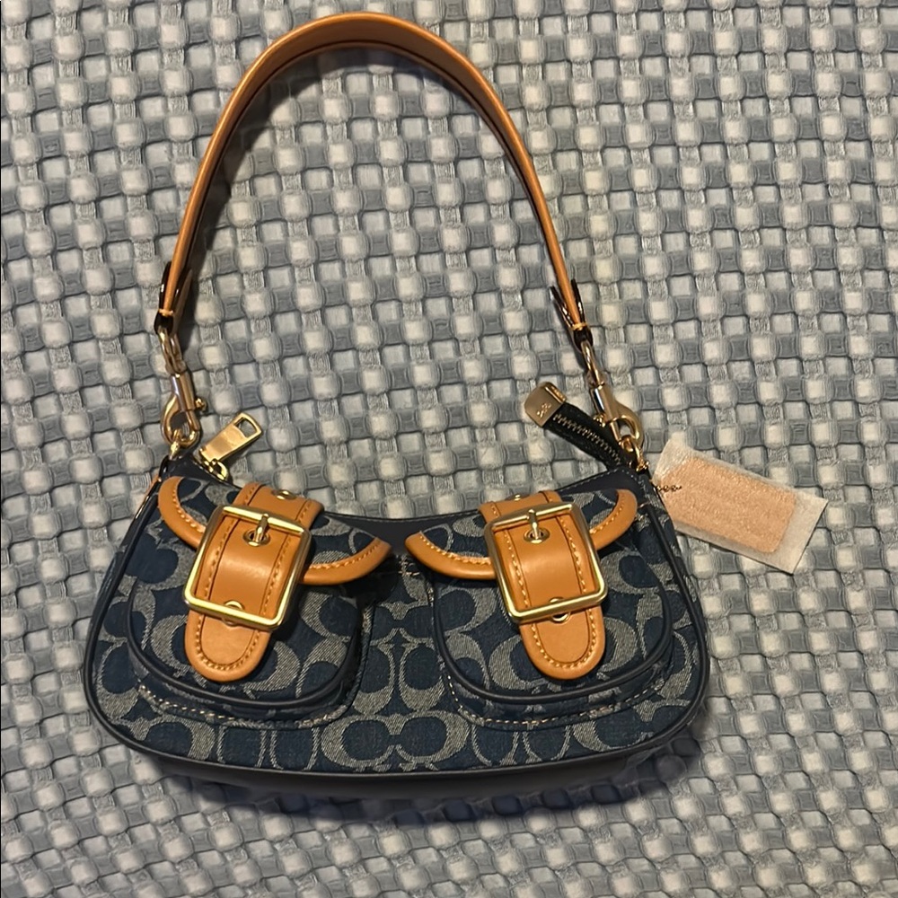 Coach Blue and Tan Monogram Shoulder Bag